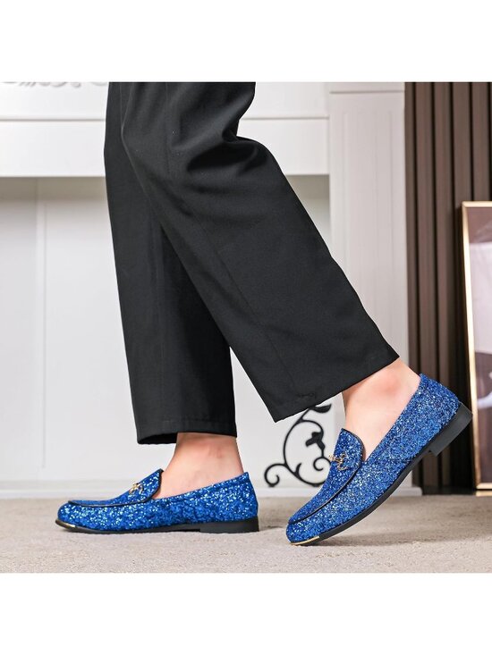 Men\'s Blue Rubber Velvet Leather Glitter With Gold Buckle Loafers Slip On Shoes main image 5